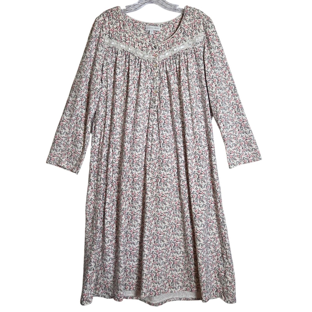 Eileen West Nightgown Women L White Pink Floral Cottagecore Lace Long Sleeve